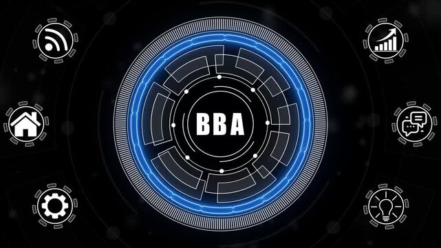 A glowing neon BBA concept surrounded by smaller icons for ai and manufacturing process management all connected in a digital circuit like pattern.