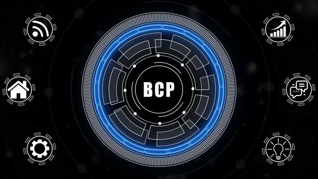 A glowing neon BCP concept surrounded by smaller icons for ai and manufacturing process management all connected in a digital circuit like pattern.