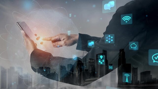 A businessman engages with a smartphone against a city skyline, surrounded by digital icons showcasing the intersection of technology and modern communication. Xenic