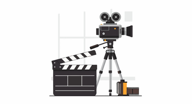 A film camera on a tripod with a clapperboard and film roll