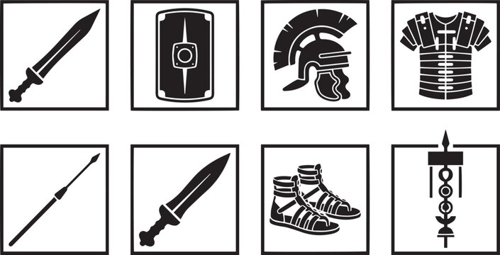 Set of Antique Roman Soldier Equipment Icons Featuring Gladius Sword Shield Helmet Lorica Segmentata Sandals and Military Standards.