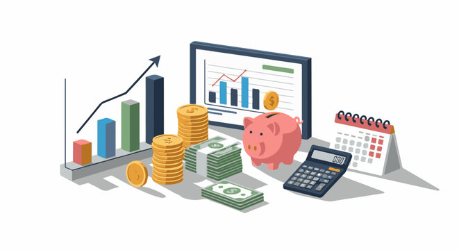 A financial concept illustration with a piggy bank, coins, bills, calculator, and graphs on a computer