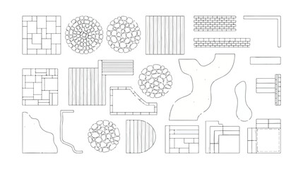 Landscape design paving patterns vector set, architectural top view garden floor plan symbols, stone walkway and patio tiling textures for blueprints © HayeGareebi
