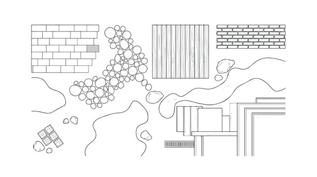 Landscape design plan symbols vector set, architectural site map elements for garden planning, outdoor hardscape and paving patterns in top view