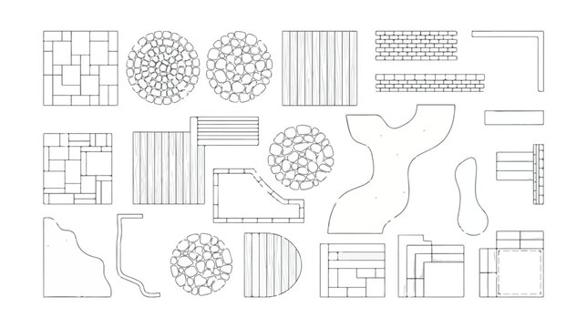Landscape design paving patterns vector set, architectural top view garden floor plan symbols, stone walkway and patio tiling textures for blueprints