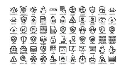 Black and white line icons of cybersecurity and data protection concepts and symbols for business and technology designs © Shibu Pada Ghosh
