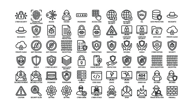 Black and white line icons of cybersecurity and data protection concepts and symbols for business and technology designs