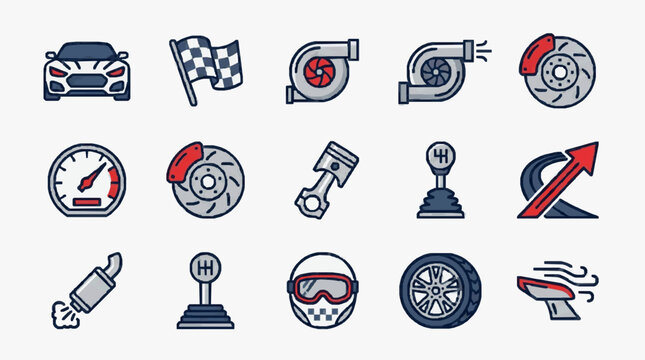 Industrial and Performance Elements of High Speed Racing and Automotive Engineering Components with high professional line art symbols for modern creative design and digital branding projects