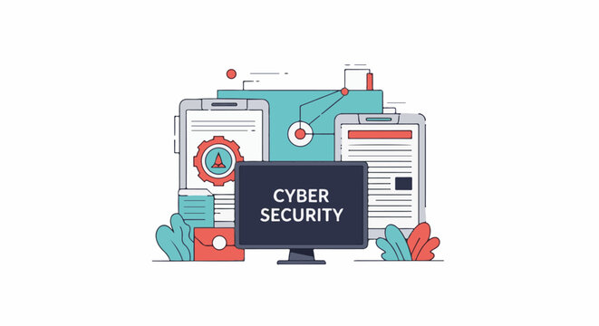 A graphic illustration of cyber security concept with a monitor and mobile devices