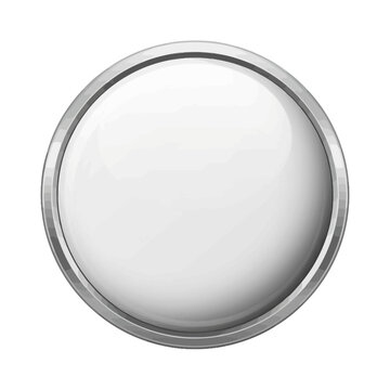 A glossy white circular button with a metallic silver border