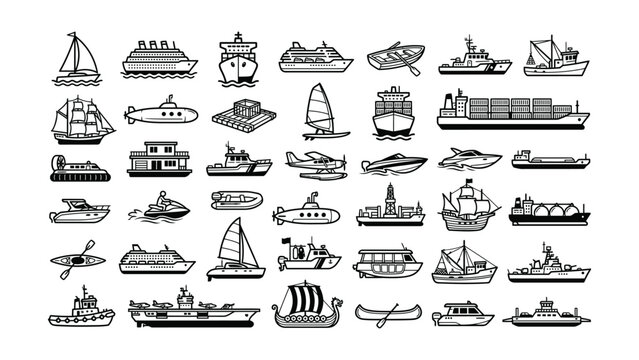 Collection of various boat and ship types in black line art on white background for graphic design and illustration purposes  maritime icons