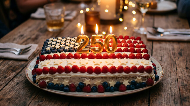 Rectangular American Flag Sheet Cake with 250 Golden Candles for USA Semiquincentennial Celebration