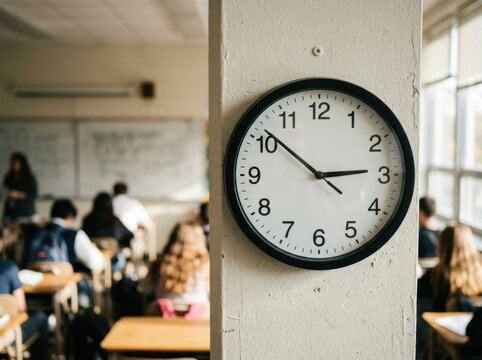 Classroom focus with wall clock in school setting during afternoon