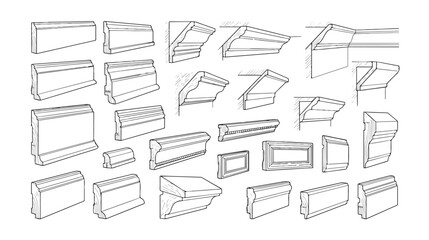 Architectural molding profiles set, classic crown molding and baseboard vector sketches, decorative interior trim and cornice collection © HayeGareebi