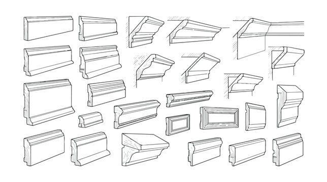 Architectural molding profiles set, classic crown molding and baseboard vector sketches, decorative interior trim and cornice collection