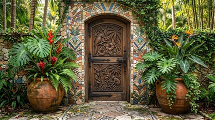 Fototapeta premium Artistic Hand Carved Wooden Door with Tropical Garden Entrance