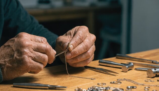 Hands meticulously assembling delicate metal jewelry components on a wooden surface