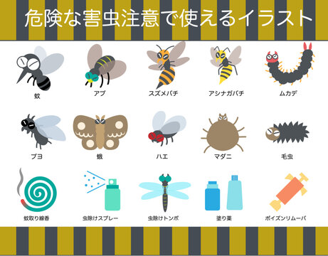危険な害虫と対策グッズのアイコンイラストセット