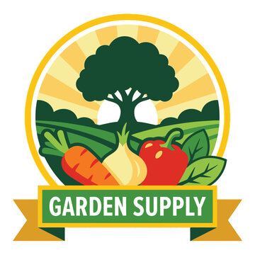 Garden supply logo with vegetables and tree in sunny landscape icon