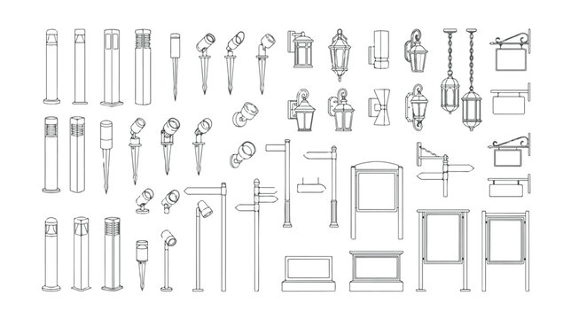 Architectural outdoor lighting and signage vector set, landscape lamp line icons, exterior street light and garden bollard collection for urban planning