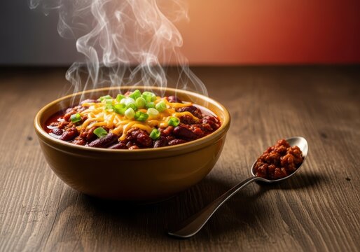 A steaming ceramic bowl of spicy chili con carne with red beans, ground beef, melted cheese, and fresh scallions on a rustic wooden table, onion, gourmet, stew