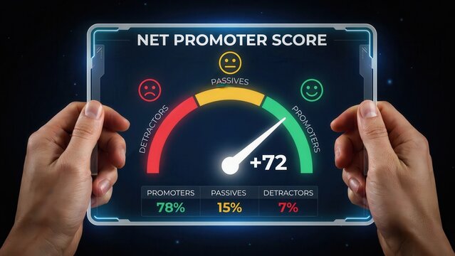Hands holding digital interface displaying Net Promoter Score NPS metrics for customer satisfaction