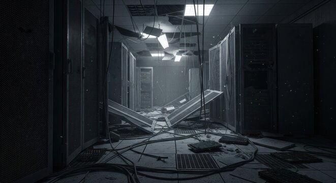 Destroyed server room with damaged computer racks and hanging cables in a dark abandoned data center facility showing signs of catastrophic hardware failure and total system infrastructure collapse