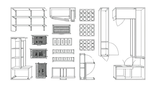 Architectural kitchen cabinet line drawings, technical furniture blueprint icons, interior design layout elements, minimalist wireframe cabinetry vector set
