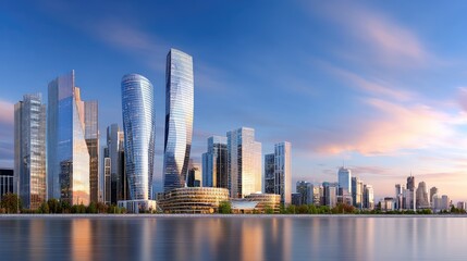Fototapeta premium Modern Urban Skyline at Twilight with Reflecting Water and Majestic Cloud Patterns