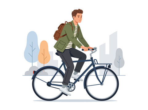A young man riding a bicycle while wearing a backpack and casual clothing.