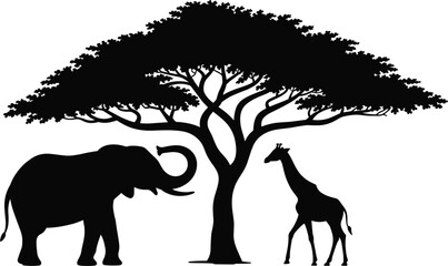 African safari silhouette with elephant giraffe and acacia tree, wildlife nature vector illustration isolated design © Kaiyum