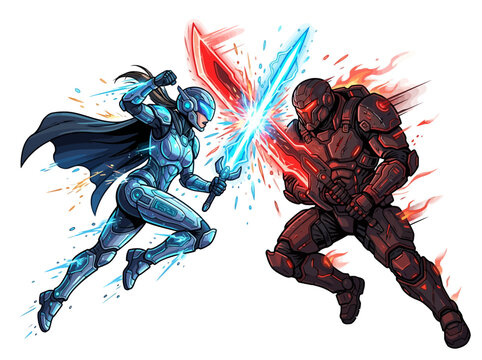 Dynamic digital illustration of a futuristic blue armored warrior clashing swords with a fiery red armored combatant.