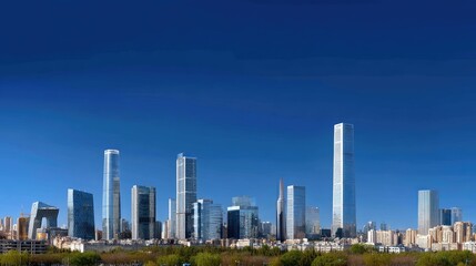 Naklejka premium Modern Urban Skyline Featuring Skyscrapers and Clear Blue Sky in a Vibrant Cityscape