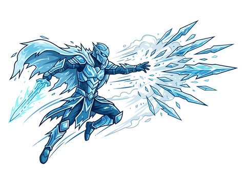A dynamic illustration of a powerful ice warrior casting a magical frost spell with a sword in hand.