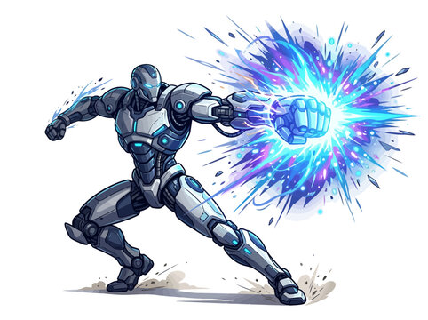 A powerful armored cyborg warrior unleashing a vibrant energy blast from its fist.