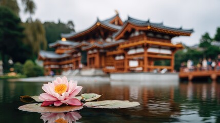 Naklejka premium Serene Water Lily Blooms in Tranquil Pond with Traditional Architecture in Background, Symbolizing Beauty and Peace