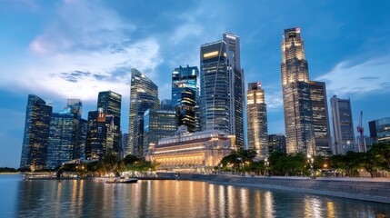 Fototapeta premium Stunning Evening Skyline of Singapore with Reflections in Water and Dramatic Cloudy Sky at Twilight