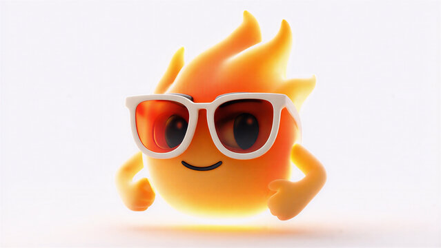 Cute 3D fire character with big eyes and a cheerful smile, playful flame mascot isolated on a clean background