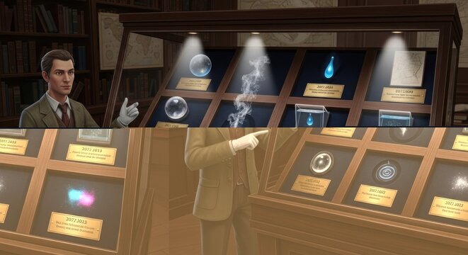 Man in suit pointing at a museum display case containing various glowing scientific artifacts and mysterious glowing objects in a dark library setting with wooden shelves
