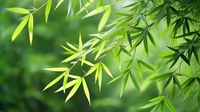 A detailed view of vibrant green bamboo leaves glowing in soft sunlight, surrounded by lush forest foliage.