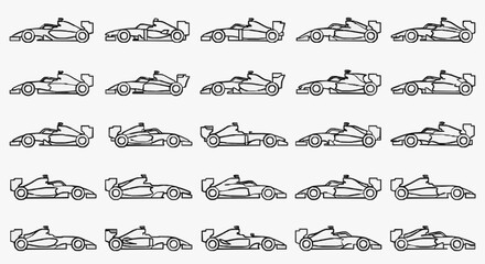 Naklejka premium Clean Line Drawing Analysis of Classic and Modern Formula One Racing Car Designs Evolution with high professional line art symbols for modern creative design and digital branding projects