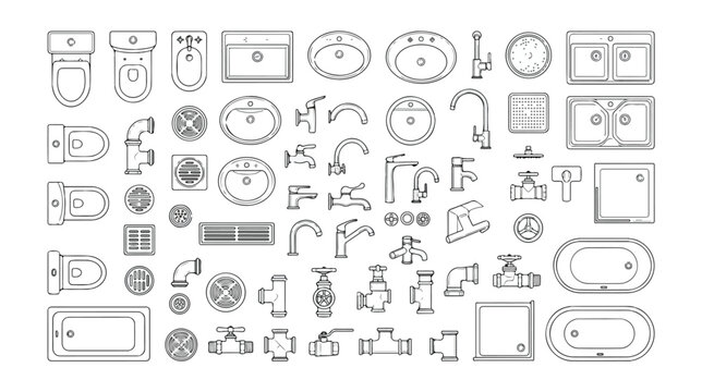 Minimalist plumbing icons set, bathroom fixtures and kitchen sink line art, architectural top view symbols for floor plans and interior design