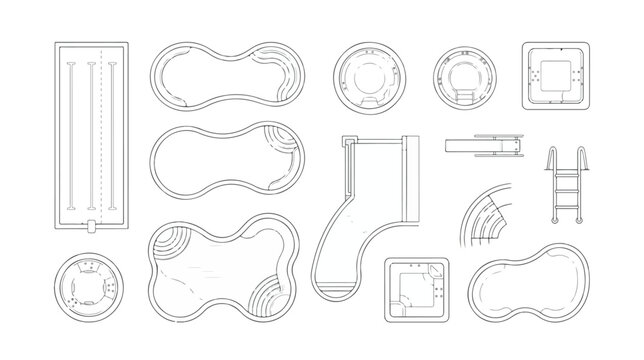 Minimalist swimming pool floor plan icons, architectural vector set of 13 pool shapes, top view blueprint symbols for landscape design and backyard planning