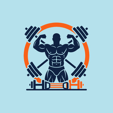 A strong bodybuilder silhouette poses with barbells for a logo