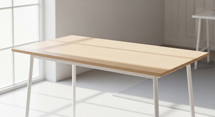 Fototapeta premium Modern Light Wood Dining Table with White Legs in Bright Room.