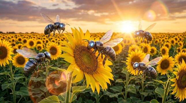 Cyborg bees actively pollinate sunflowers in a vibrant golden hour field during a beautiful sunset representing future agriculture innovation
