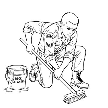 Military Cadet Cleaning Deck with Broom and Bucket