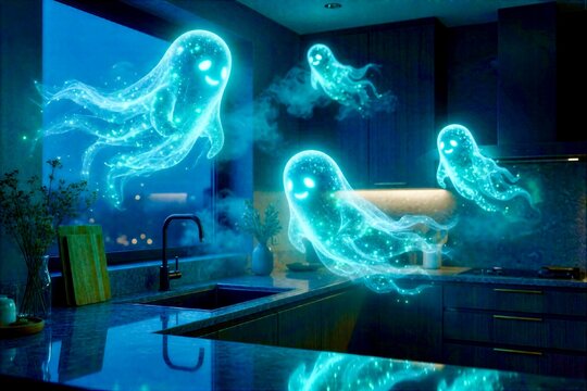 Glowing Friendly Ghosts Floating in Modern Kitchen at Night, Cute Halloween Fantasy Spirits with Blue Light