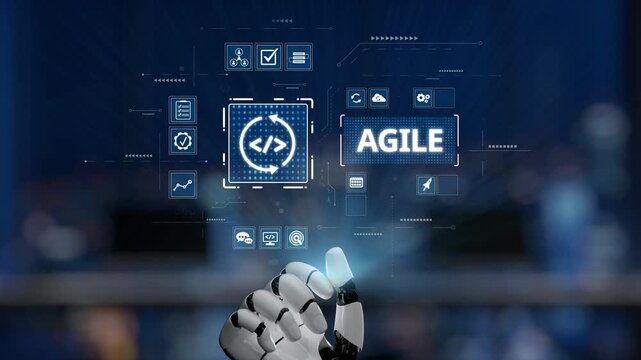 A robotic hand engages with a digital interface that showcases Agile development concepts, highlighting the intersection of technology and productivity in modern workplaces. Synapse