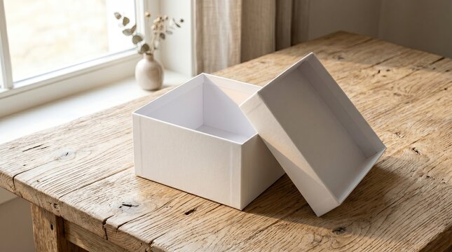 An empty white box sits open on a rustic wooden table by a window.
